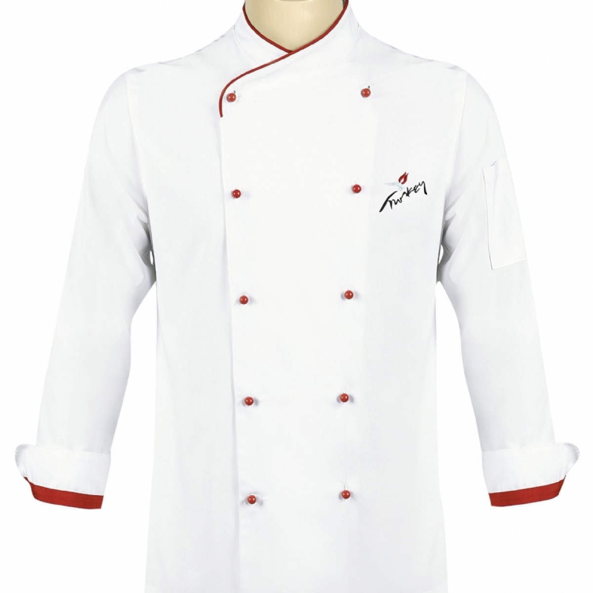 Formteks Aşçı Ceket Kruvaze Yaka Beyaz Kırmızı