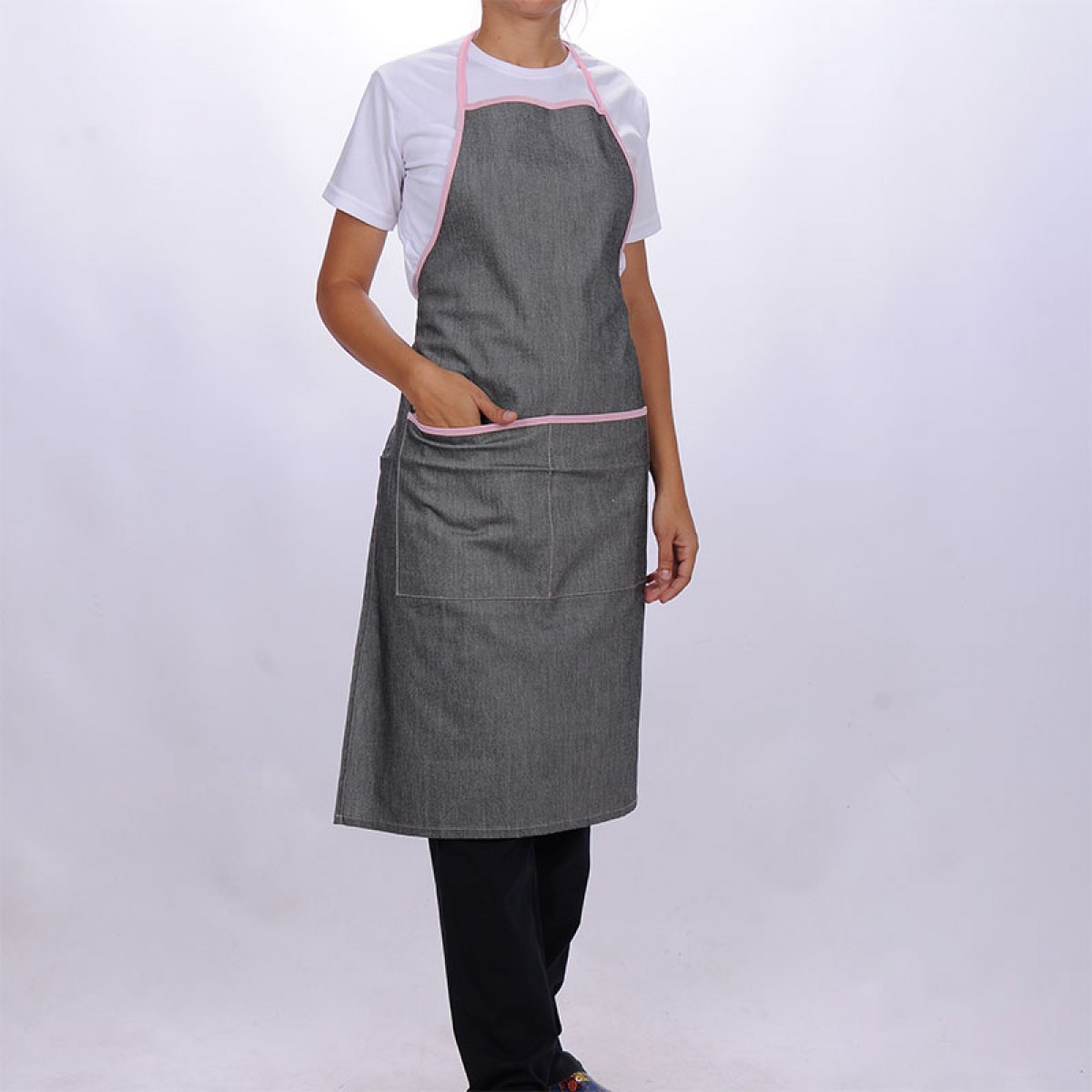 Formteks Boydan Önlük  Cepli  Gri-Pembe Biyeli