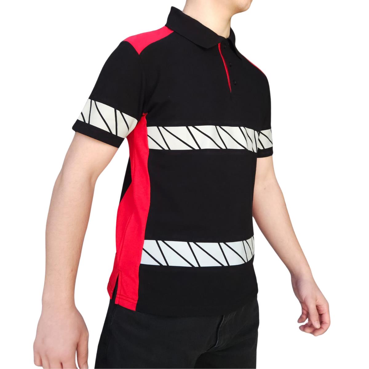 Formteks RefleX Pro – Reflektör Baskılı Polo Yaka İş Tişörtü Siyah Kırmızı