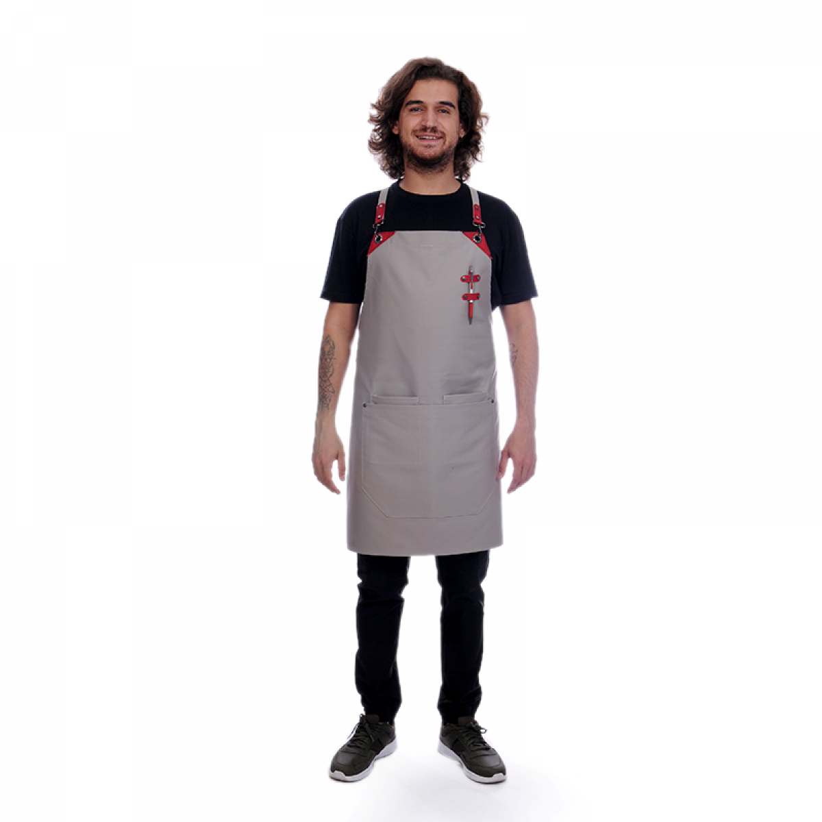 Formteks Deri Takviyeli Boydan Önlük Bej-Kırmızı Derili