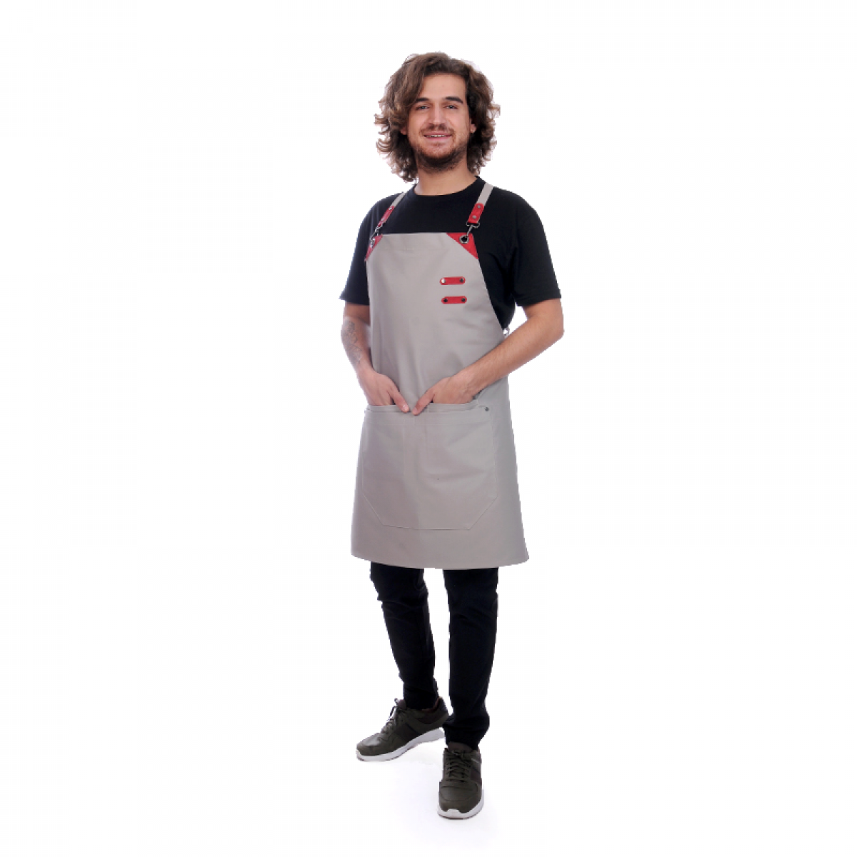 Formteks Deri Takviyeli Boydan Önlük Bej-Kırmızı Derili