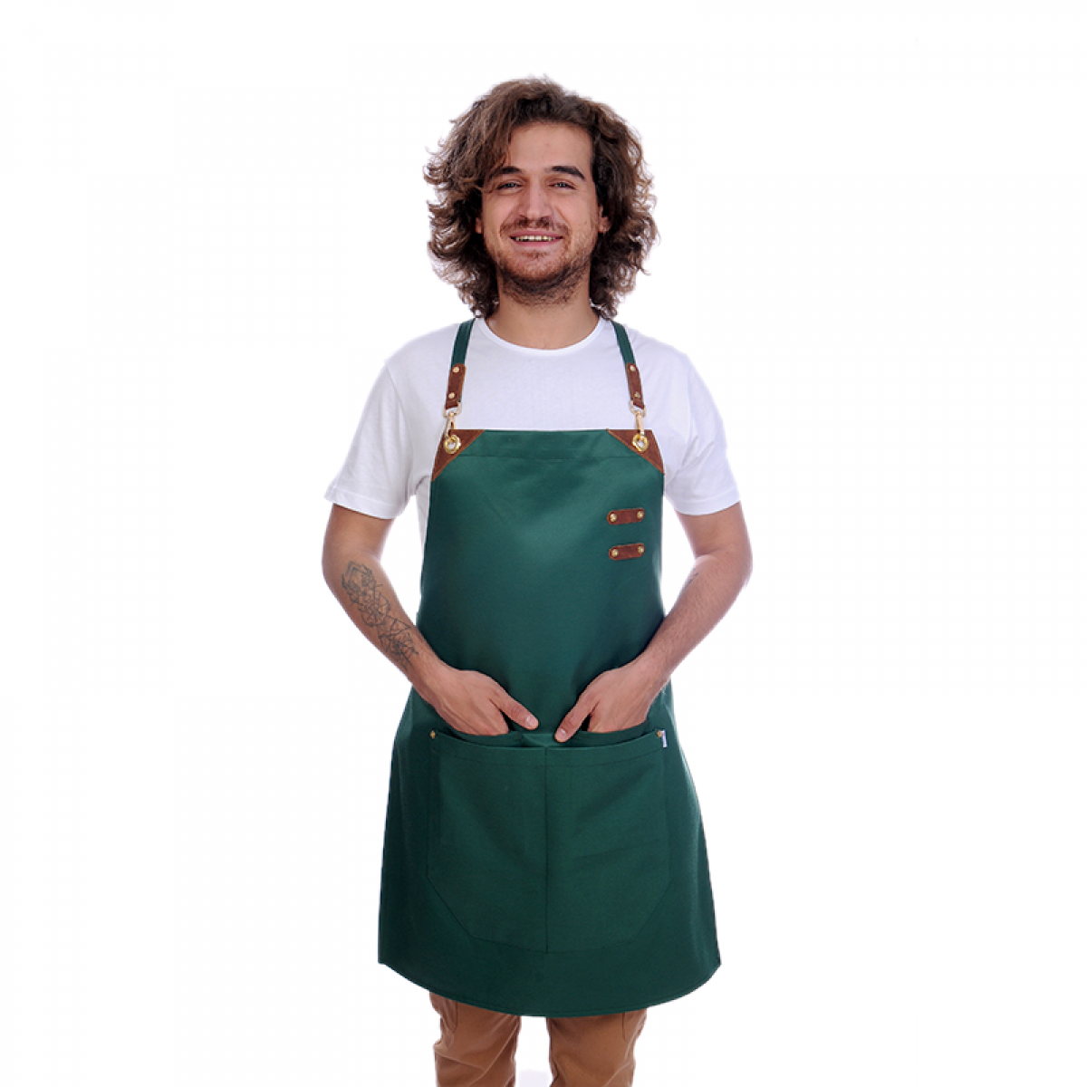 Formteks Deri Takviyeli Boydan Önlük Yeşil-Kahve Derili